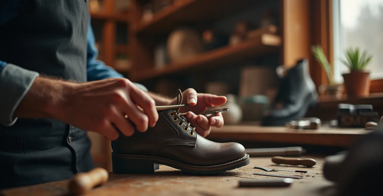 Vue latérale d'un atelier artisanal avec outils de réparation de chaussures, montrant le processus de restauration manuelle