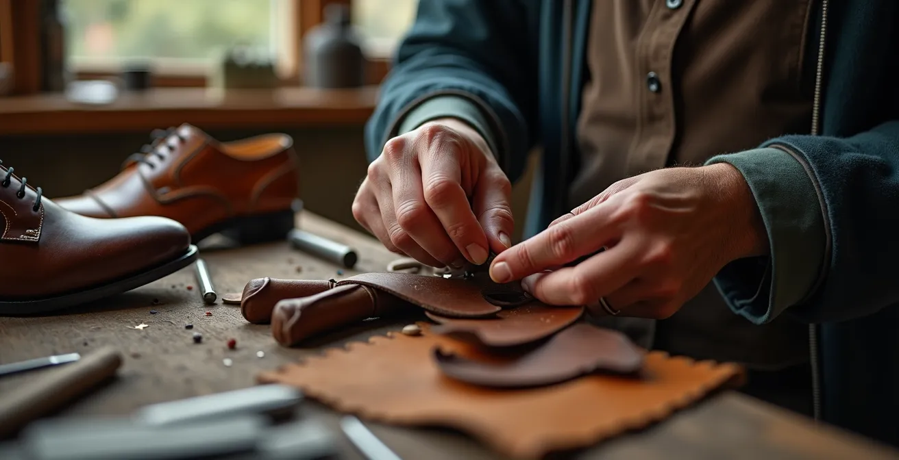 Mains d'artisan travaillant sur une basket française dans un atelier