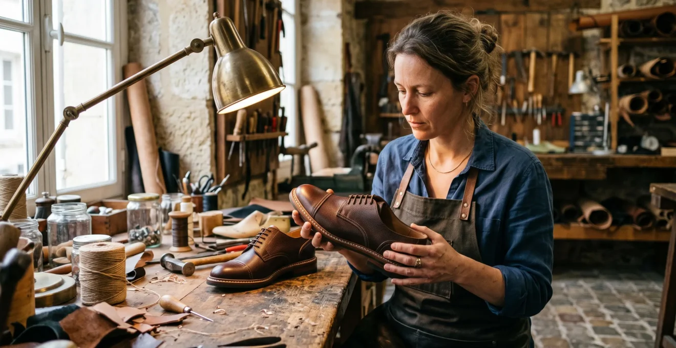 Une artisane bottière examine les coutures et finitions d'une paire de derbies en cuir pour femme sur son établi d'atelier.