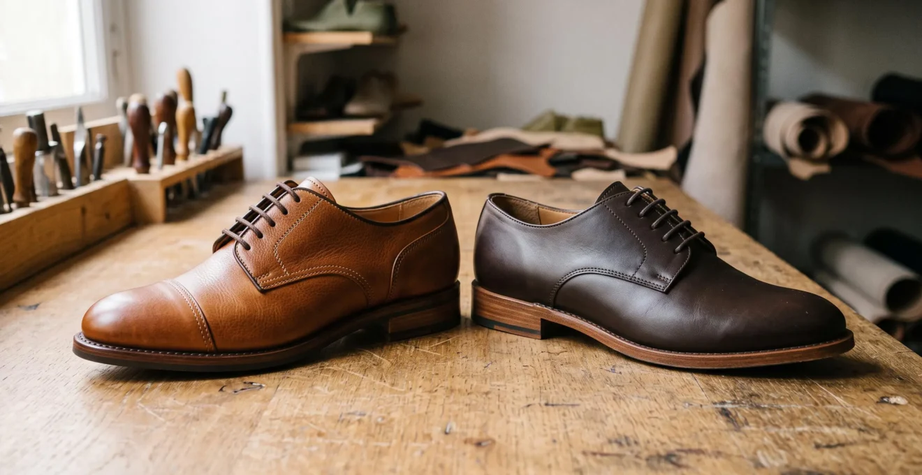 Deux derbies pour femme posés côte à côte : un cuir pleine fleur aux coutures régulières comparé à un modèle plus standard.