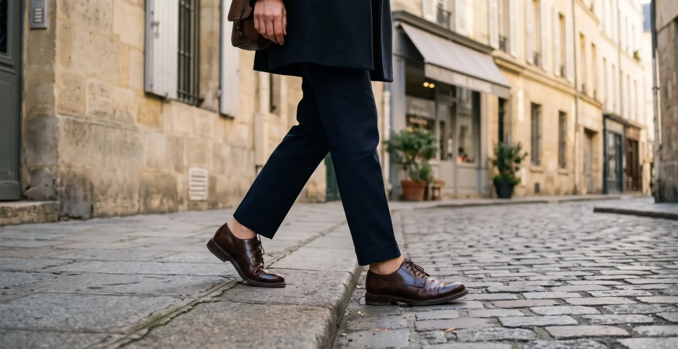 Une femme marche sur un trottoir parisien portant un pantalon ajusté et des derbies en cuir marron ciré.